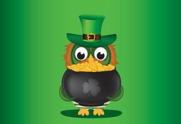 ilustrações de stock, clip art, desenhos animados e ícones de an owl in a national costume for a patrician's day holds a pot of gold. greeting card for the holiday with a blank space for text or advertising. invitation. vector - owl clover