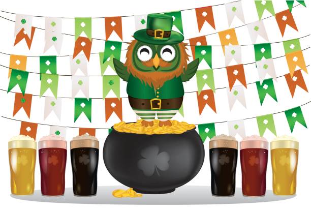 ilustrações de stock, clip art, desenhos animados e ícones de an owl in a national costume for a patrician's day stands on a pot of gold with a garland of flags. celebration of beer. greeting card for the holiday with copy  space for text or advertising. invitation. vector - owl clover