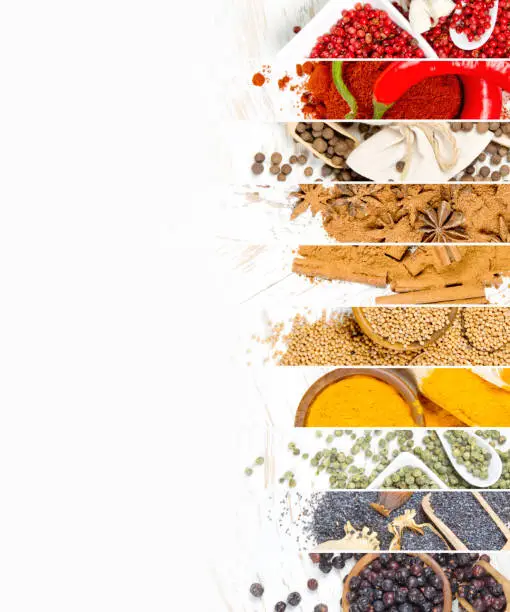 Top view of mixed colorful spice scattered on white wooden surface; white space for text