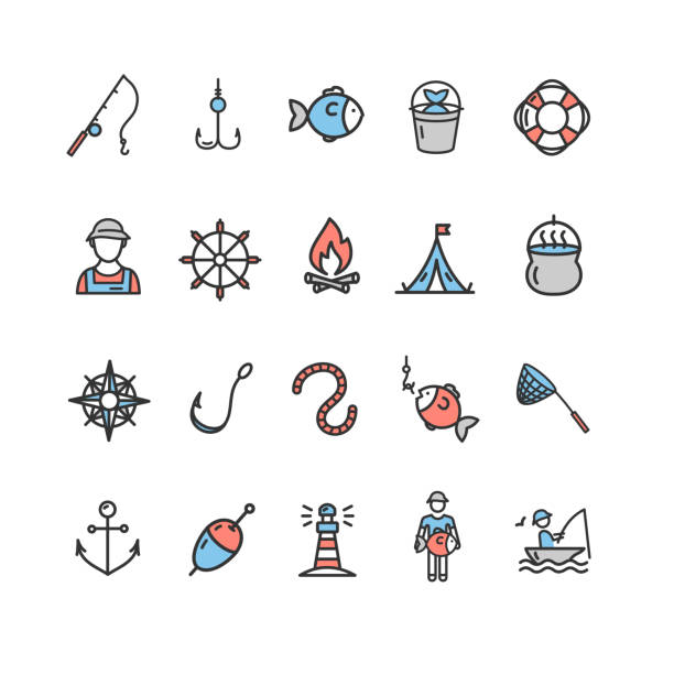 ilustrações de stock, clip art, desenhos animados e ícones de fishing sport and leisure color icon thin line set. vector - arm band illustrations