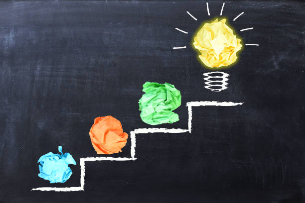 istock Evolving idea concept with colorful crumpled paper and light bulb on steps drawn on blackboard 653837234