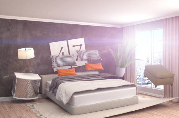 istock Zero Gravity furniture hovering in living room. 3D Illustration 653839886