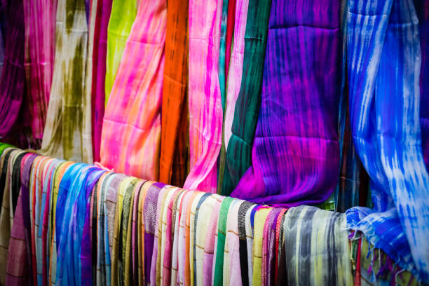 Many colourful fine scarves in street market in Bulgaria