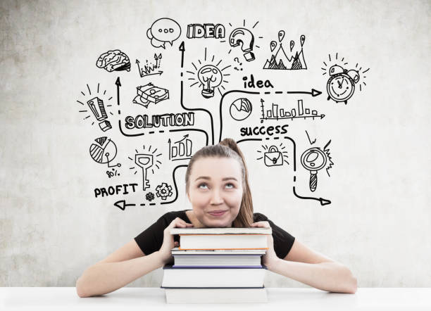 istock Woman with ponytail, books and a plan 653841962