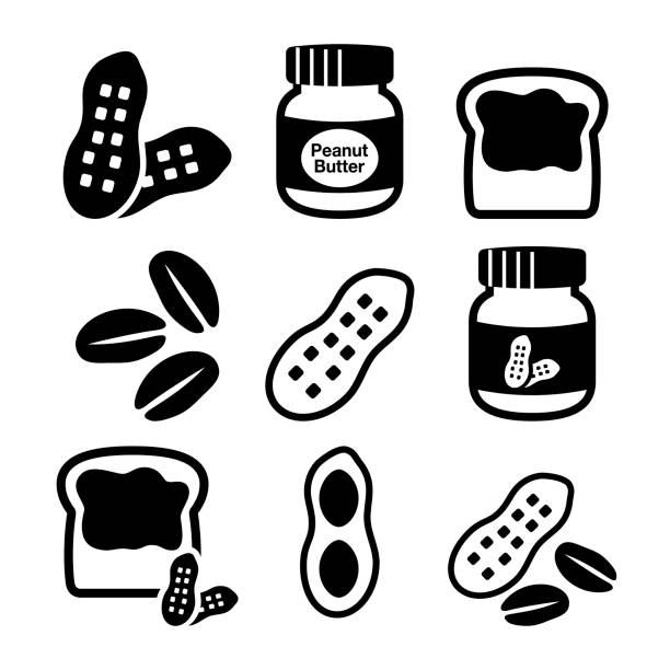 kacang tanah, selai kacang - ikon vektor makanan diatur - food allergies ilustrasi stok