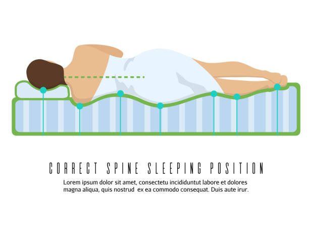 illustrazioni stock, clip art, cartoni animati e icone di tendenza di illustrazione vettoriale ergonomica del materasso ortopedico. corretta posizione di sonno della colonna vertebrale - sdraiato su un fianco