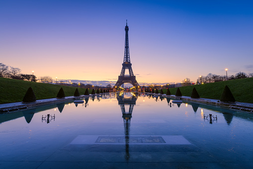 Tour Eiffel view from the Trocadero fountains. Reflections of the tower are visible on the frozen water