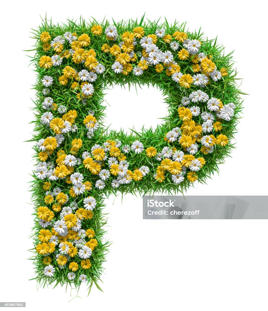 Letter P Of Green Grass And Flowers Stock Photo - Download Image ...