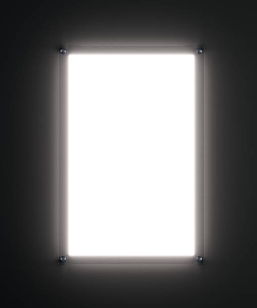 mockup poster bianco bianco in porta vetro illuminato - lightbox foto e immagini stock