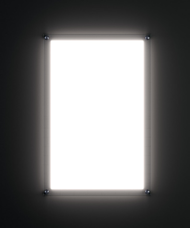Blank white poster mockup in illuminated glass holder, 3d rendering. Template for your design