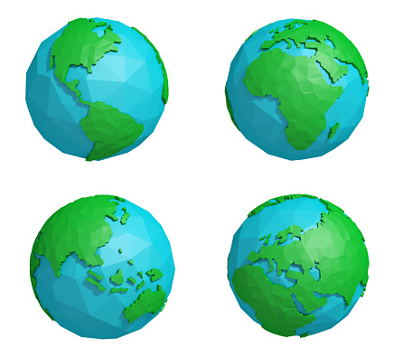 Clip art of clay globes isolated on blue background. (6000x6000). Globe traced in Illustrator and modeled to 3D object based on source map from http://modis.gsfc.nasa.gov/