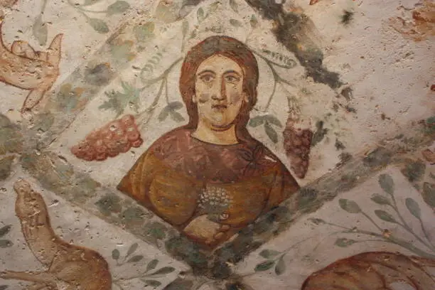 Historical fresco in the desert castle Qusair Amra in Jordan, Middle East