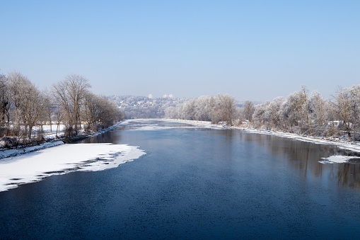 The icy Danube river in Ulm, Germany.