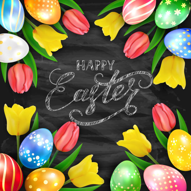 ilustrações de stock, clip art, desenhos animados e ícones de happy easter on black chalkboard background with eggs and tulips - easter leaf black shiny