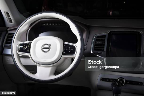 Steering Wheel Of The Modern Car Volvo Xc90 Stock Photo - Download Image Now - Volvo, Steering Wheel, Airbag