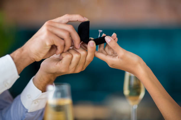 istock Man proposing to woman offering engagement ring 653859876