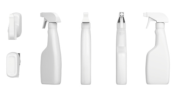White blank set plastic spray detergent bottle isolated on background. 3d rendering.