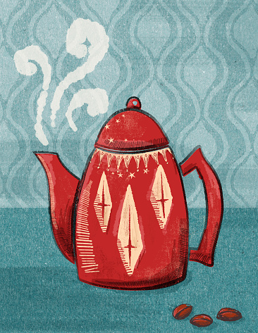 Textured Illustration Of A Retro Coffee Pot. There is a pattern on the wall and coffee beans and steam.