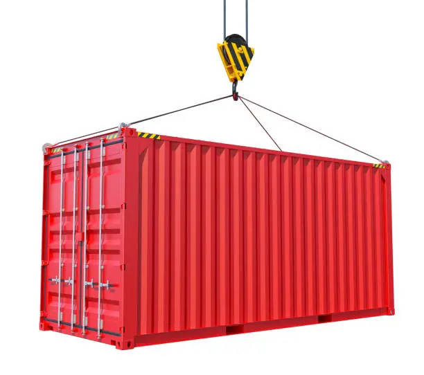 Crane hook and red cargo container on white background. 3D rendering