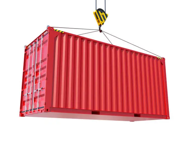 Crane hook and red cargo container on white background. 3D rendering