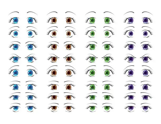 Vector illustration of Cute anime eyes in manga style showing various human emotions. Vector illustration.