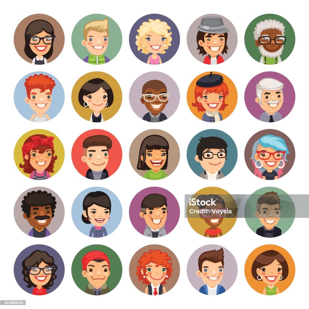 Flat Cartoon Round Avatars on Color Set of 25 flat cartoon round avatars on color circles. Casual people. Clipping paths included. Avatar stock vector