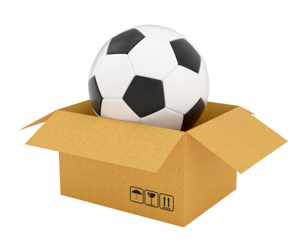 istock Open cardboard box with soccer ball 653868704