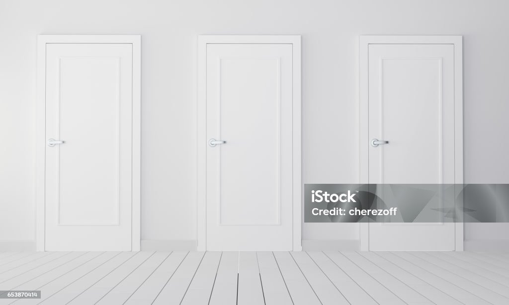 Interior with three white closed doors Interior with three white closed doors. 3d rendering Door Stock Photo