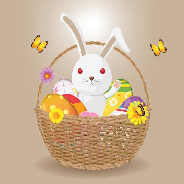 illustrazioni stock, clip art, cartoni animati e icone di tendenza di vimini basket easter egg rabbit vector - easter traditional culture backgrounds basket