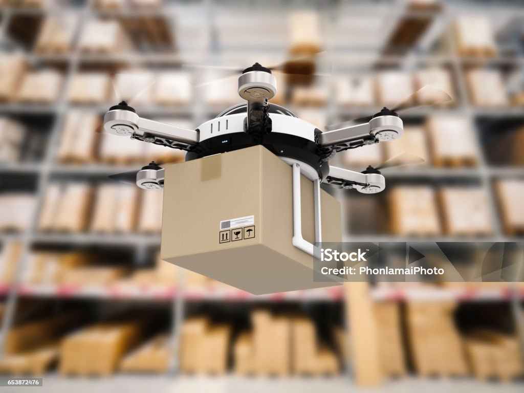 drone di consegna in magazzino - Foto stock royalty-free di Robot
