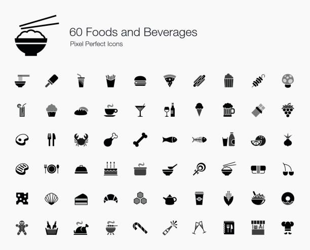 ilustraciones, imágenes clip art, dibujos animados e iconos de stock de 60 alimentos y bebidas pixel perfecto los iconos - salad food beer restaurant