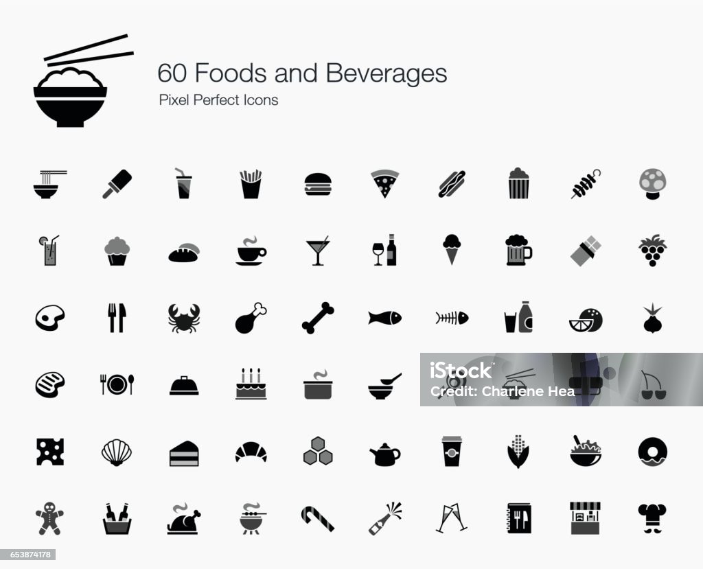 60 Foods and Beverages Pixel Perfect Icons Food for thought. I couldn't miss this out because we are eating them everyday. Afterall, this is an essential set of icon for restaurants, cafes, food manufacturers, healthy lifestyles, and events. Icon Symbol stock vector