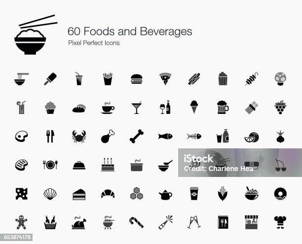 60 Foods And Beverages Pixel Perfect Icons Stock Illustration - Download Image Now - Icon Symbol, Restaurant, Menu