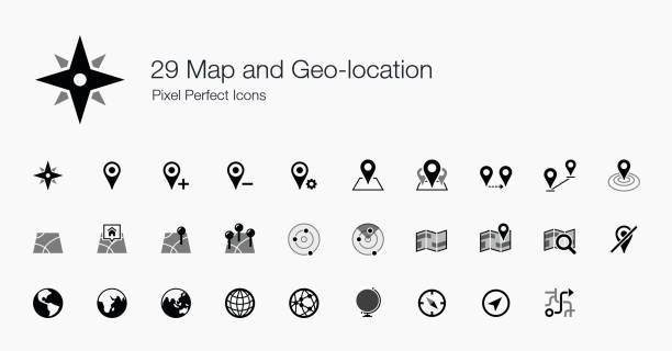 29 Map and Geo-location Pixel Perfect Icons Here is a set of icon created for map and geo-location. If you creating apps that required to show maps and other GPS functionalities, then this is the right set for you. close to illustrations stock illustrations