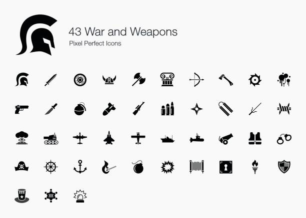 ilustraciones, imágenes clip art, dibujos animados e iconos de stock de 43 guerra armas pixel perfecto los iconos y - botavara