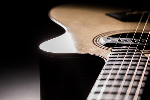 Photo of a premium acoustic guitar on black background