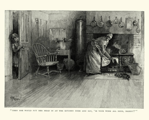 19th Century African american servant cooking in the kitchen Vintage engraving of a 19th Century African american servant cooking in the kitchen middle aged woman cooking stock illustrations
