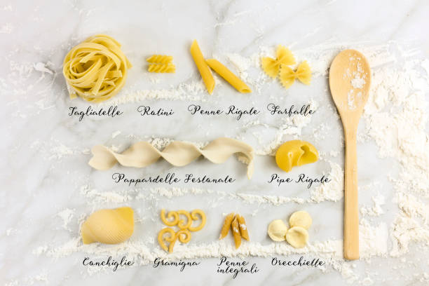 Different varieties of pasta with their names Different varieties of pasta with their names written, shot from above on a white marble table with flour and a wooden ladle. Pasta sorts list poster names of marbles stock pictures, royalty-free photos & images