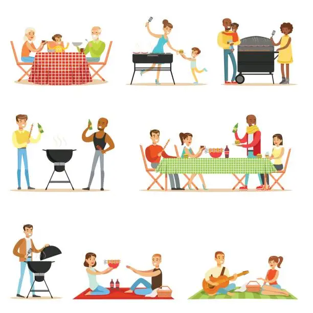 Vector illustration of People On BBQ Picnic Outdoors Eating And Cooking Grilled Meat On Electric Barbecue Grill Set Of Scenes