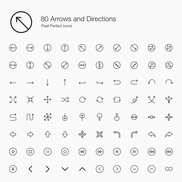 80 Arrows and Directions Pixel Perfect Icons (line style) Arrows and directions are found in every apps in the world. back arrow stock illustrations