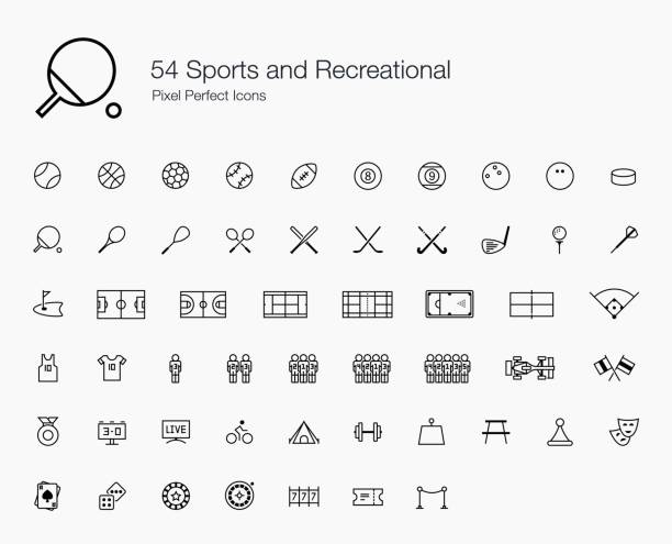 54 ikon sempurna pixel olahraga dan rekreasi (gaya garis) - badminton court ilustrasi stok