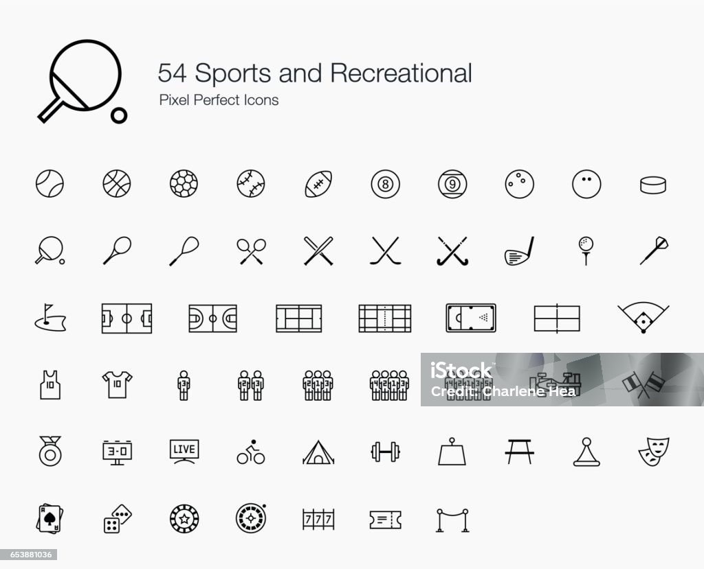 54 Sports and Recreational Pixel Perfect Icons (line style) This is a rather niche icons. If you are building an app that are related to sports, games, and recreational, then this is it. Icon Symbol stock vector