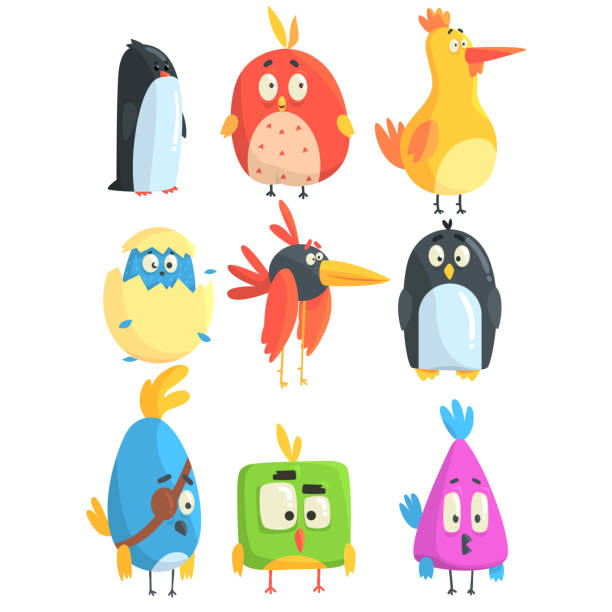 illustrations, cliparts, dessins animés et icônes de petit oiseau mignon poussins collection de personnages de dessins animés en formes géométriques, stylisés animaux bébé mignon - funny bird