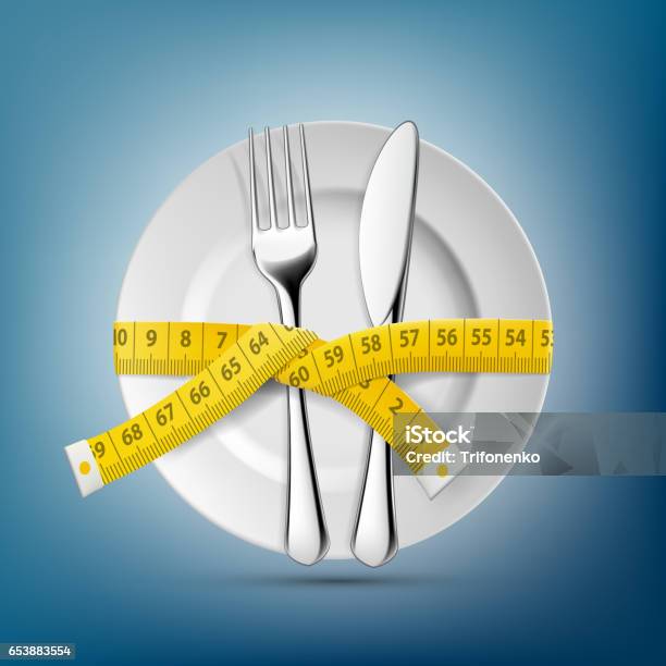 Plate With Knife Fork And Tailoring Centimeter Dieting And Weight Loss Stock Illustration - Download Image Now