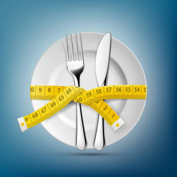 Vector illustration of Plate with knife, fork and tailoring centimeter. Dieting and weight loss.