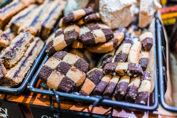 Checkerboard cookies macro closeup in bakery