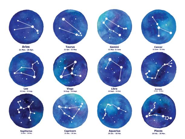 Zodiac icons. Freehand drawing. Zodiac icons on watercolor background. Freehand drawing. constellation stock illustrations