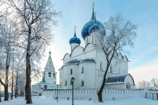 The Suzdal Kremlin a frosty winter morning Nativity of the virgin Cathedral (XIII century) and bell tower (1635) in the Suzdal Kremlin, Russia. golden ring of russia photos stock pictures, royalty-free photos & images
