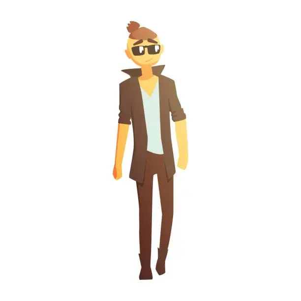 Vector illustration of Guy With Shaved Temlpes In Boots And Dark Coat, Young Person Street Fashion Look With Mass Market Clothes