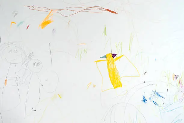 Colored drawings done by a child on his room wall and scribbles.